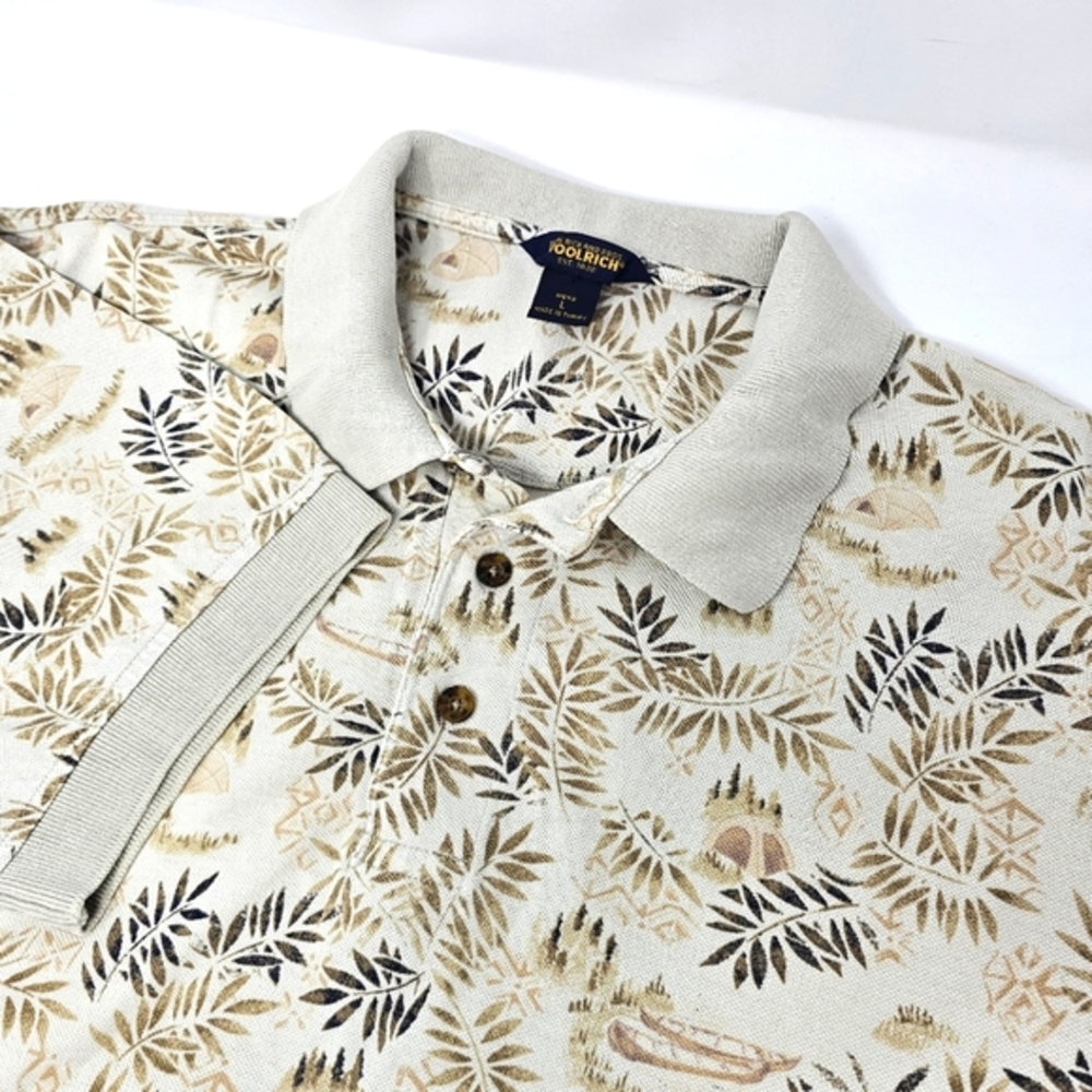 VTG Woolrich Polo Shirt All Over Print Canoe Camping Leaves Men's Size‎ Large
